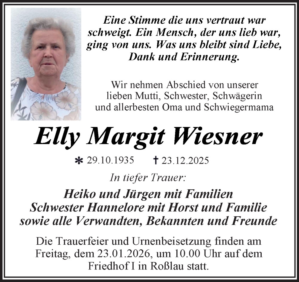  Traueranzeige für Elly Margit Wiesner vom 10.01.2026 aus Trauerkombi Dessau