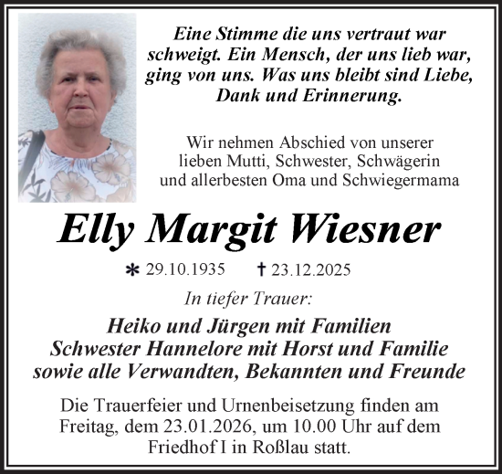 Traueranzeige von Elly Margit Wiesner von Trauerkombi Dessau