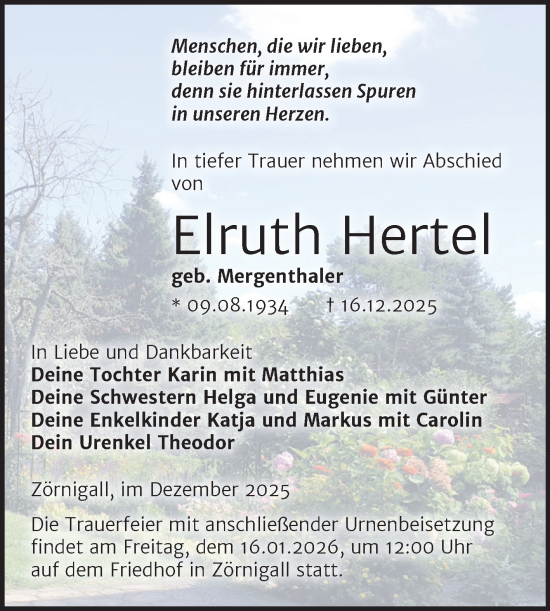 Traueranzeige von Elruth Hertel von Trauerkombi Wittenberg