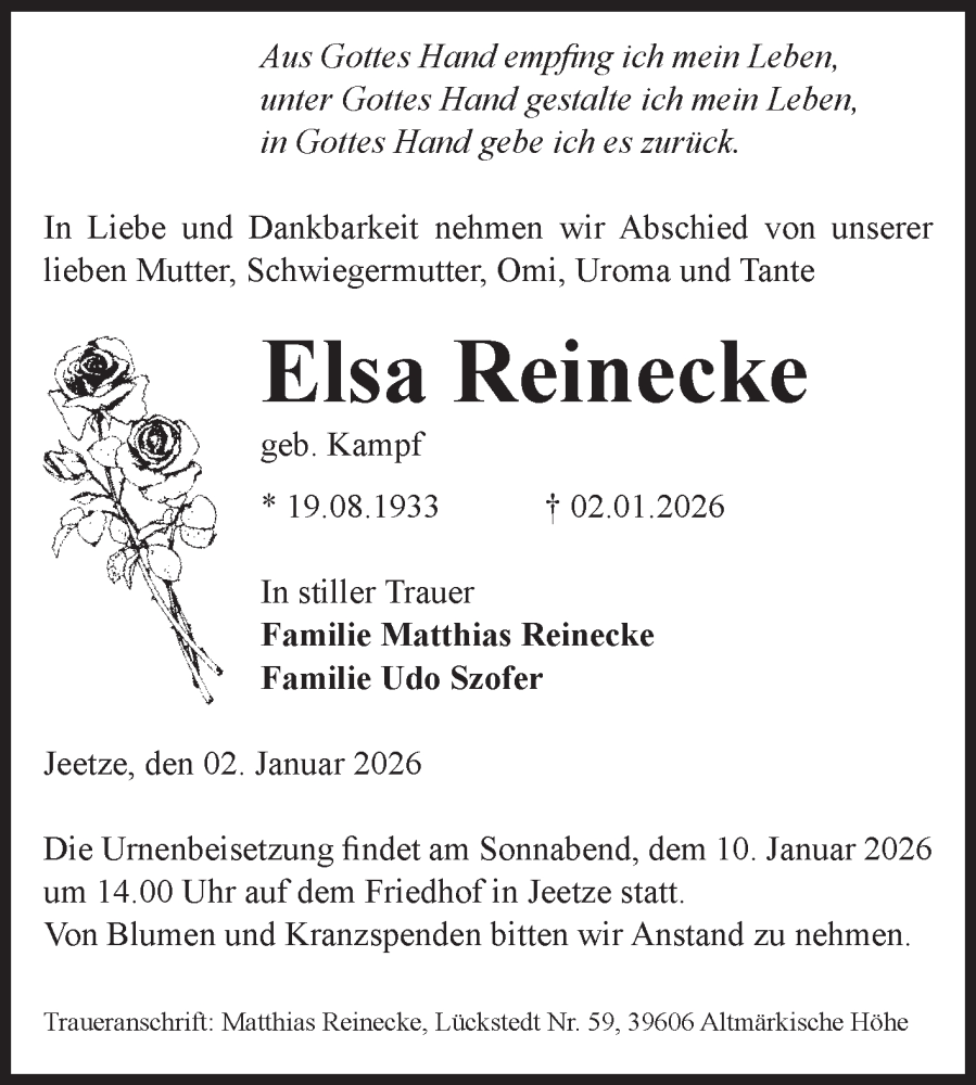  Traueranzeige für Elsa Reinecke vom 07.01.2026 aus Volksstimme Altmark West