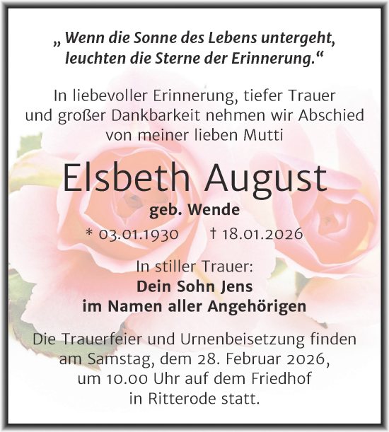 Traueranzeige von Elsbeth August von Trauerkombi Mansfelder Land