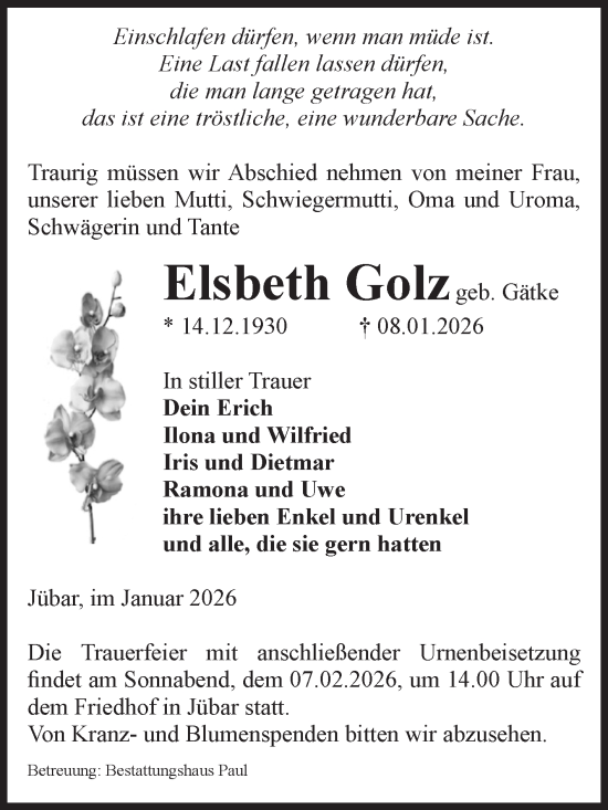 Traueranzeige von Elsbeth Golz von Volksstimme Altmark West