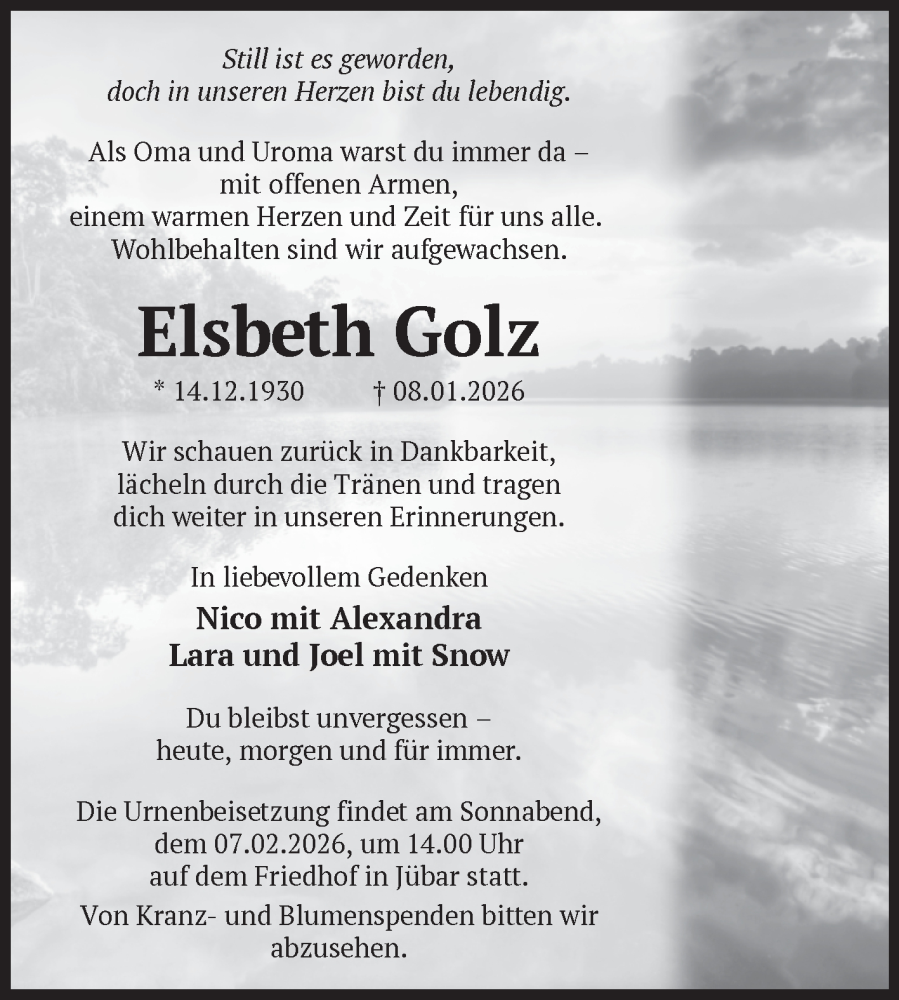  Traueranzeige für Elsbeth Golz vom 15.01.2026 aus Volksstimme Altmark West