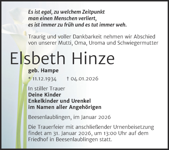 Traueranzeige von Elsbeth Hinze von Trauerkombi Bernburg