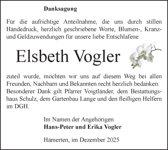 Traueranzeige von Elsbeth Vogler von Volksstimme Altmark Ost