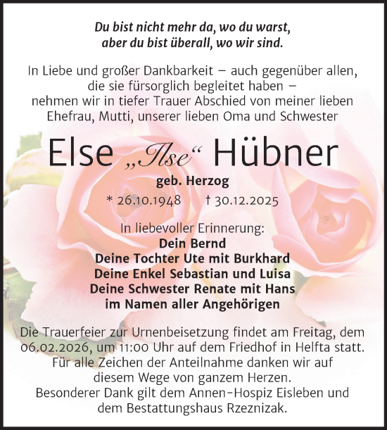 Traueranzeige von Else Hübner von Trauerkombi Mansfelder Land