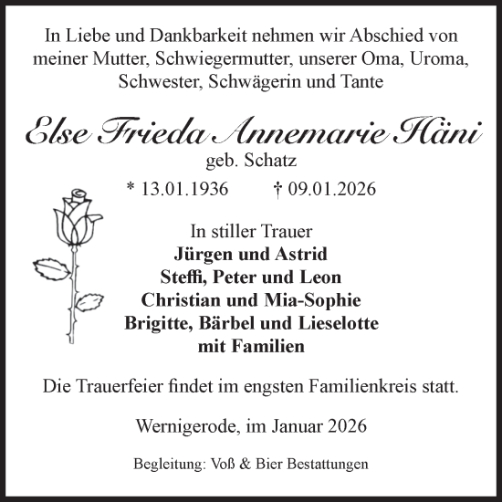 Traueranzeige von Else Frieda Annemarie Häni von Volksstimme Wernigerode