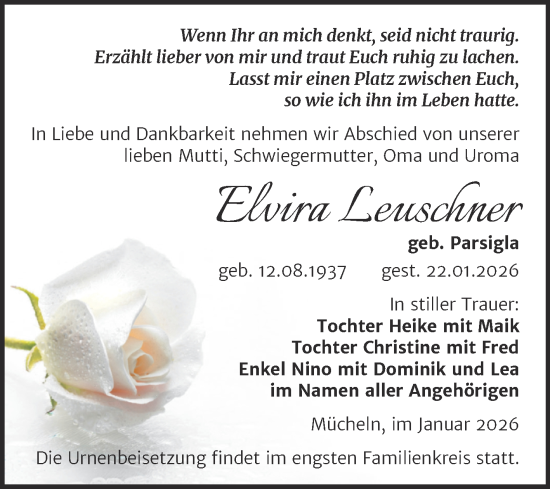 Traueranzeige von Elvira Leuschner von Trauerkombi Merseburg