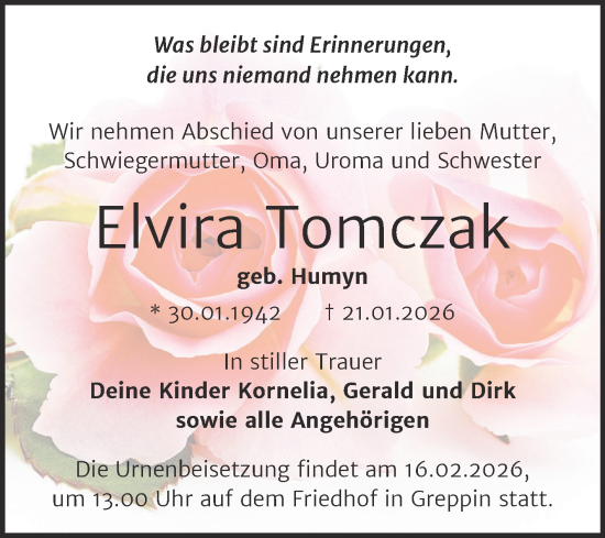 Traueranzeige von Elvira Tomczak von Trauerkombi Bitterfeld