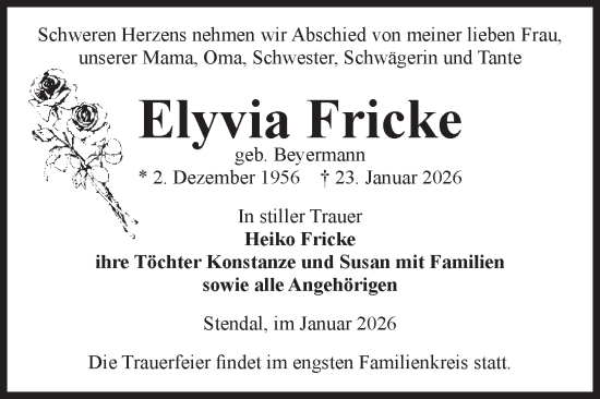 Traueranzeige von Elyvia Fricke von Volksstimme Altmark Ost