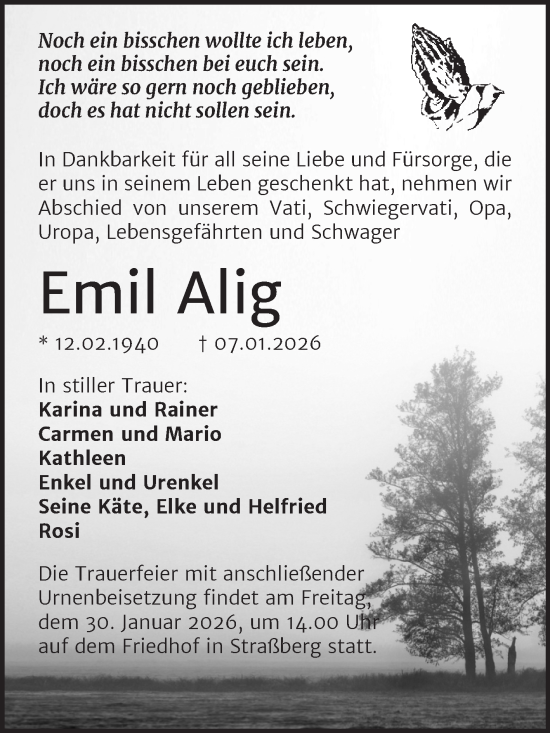 Traueranzeige von Emil Alig von Trauerkombi Quedlinburg