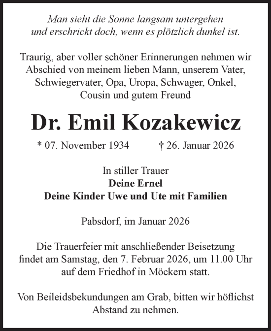Traueranzeige von Emil Kozakewicz von Volksstimme Burg/Genthin