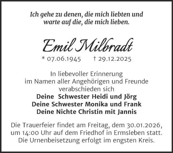 Traueranzeige von Emil Milbradt von Trauerkombi Aschersleben