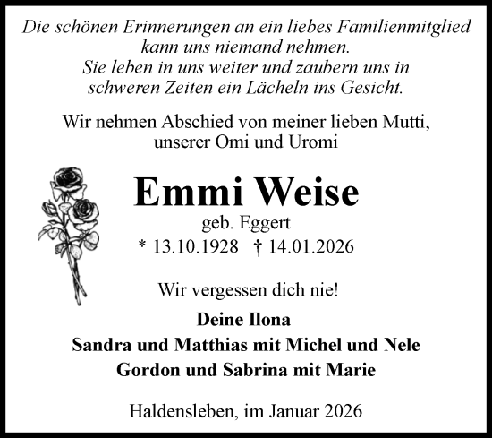 Traueranzeige von Emmi Weise von Volksstimme Haldensleben/Wolmirstedt