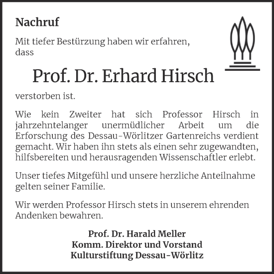 Traueranzeige von Erhard Hirsch von Mitteldeutsche Zeitung Dessau-Roßlau