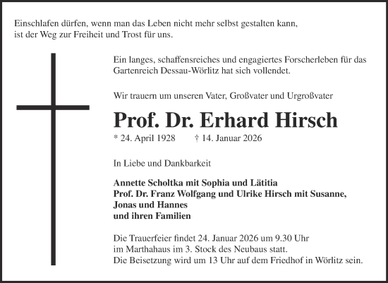 Traueranzeige von Erhard Hirsch von Mitteldeutsche Zeitung Dessau-Roßlau