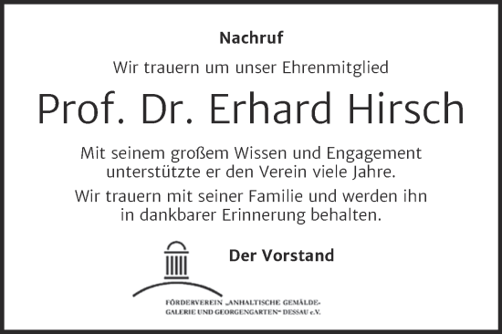 Traueranzeige von Erhard Hirsch von Mitteldeutsche Zeitung Dessau-Roßlau