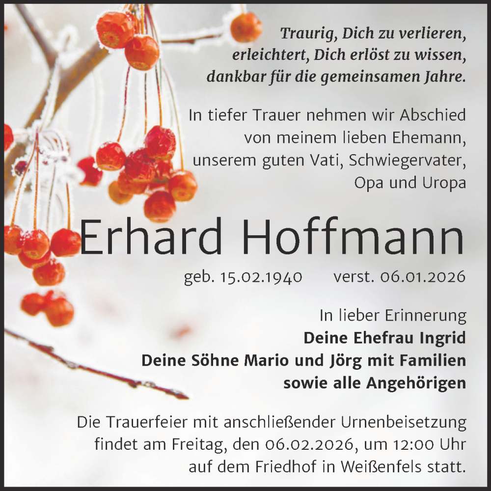  Traueranzeige für Erhard Hoffmann vom 24.01.2026 aus Trauerkombi Weißenfels