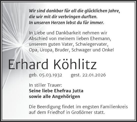 Traueranzeige von Erhard Köhlitz von Trauerkombi Mansfelder Land