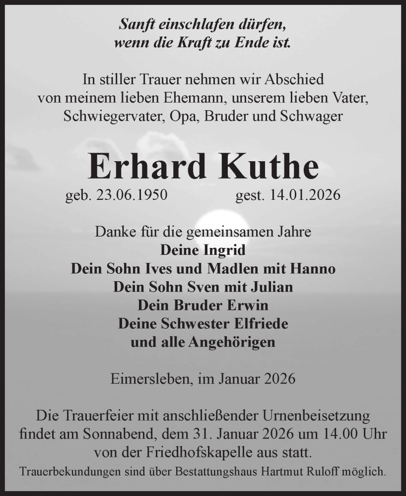  Traueranzeige für Erhard Kuthe vom 17.01.2026 aus Volksstimme Haldensleben/Wolmirstedt