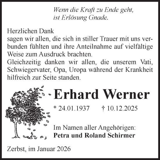 Traueranzeige von Erhard Werner von Volksstimme Zerbst