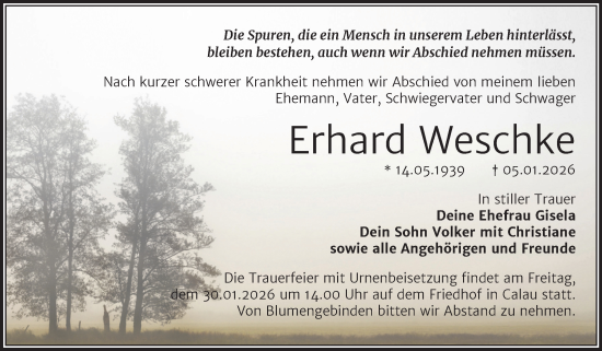 Traueranzeige von Erhard Weschke von Volksstimme Magdeburg