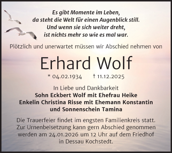 Traueranzeige von Erhard Wolf von Trauerkombi Dessau