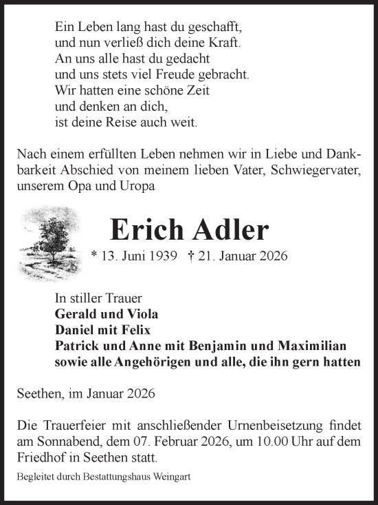 Traueranzeige von Erich Adler von Volksstimme Altmark West