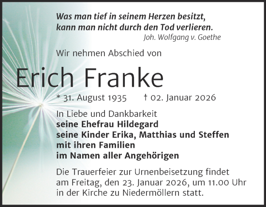 Traueranzeige von Erich Franke von Naumburger Tageblatt