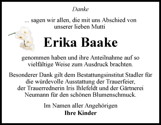 Traueranzeige von Erika Baake von Volksstimme Haldensleben/Wolmirstedt