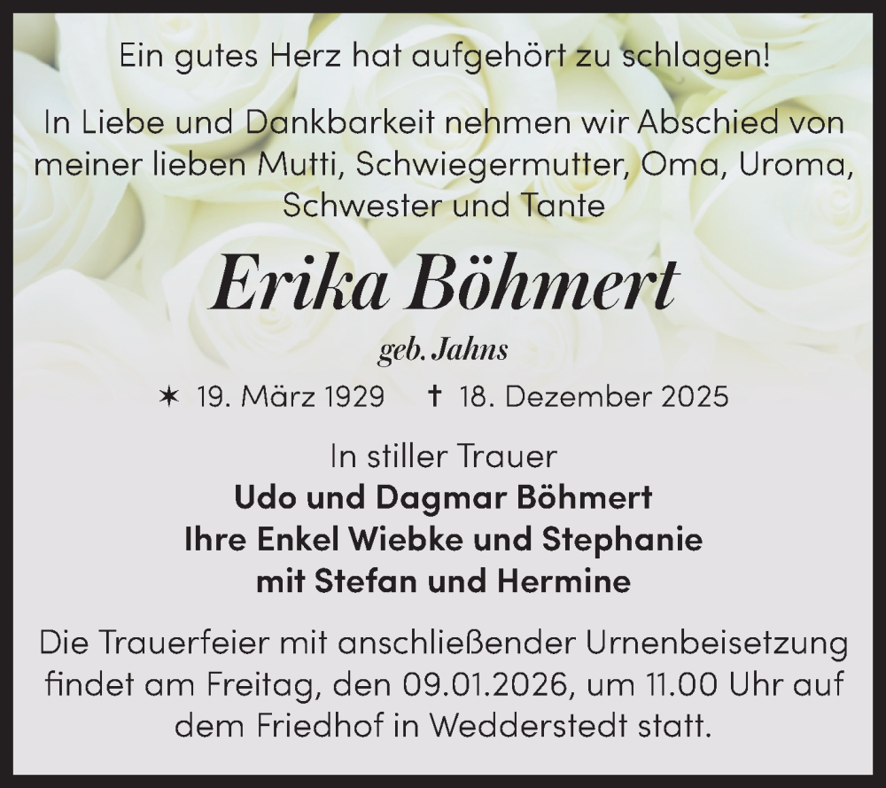  Traueranzeige für Erika Böhmert vom 03.01.2026 aus Trauerkombi Quedlinburg