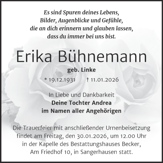 Traueranzeige von Erika Bühnemann von Trauerkombi Sangerhausen