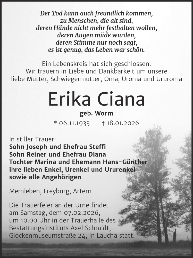  Traueranzeige für Erika Ciana vom 24.01.2026 aus Super Sonntag Naumburg/Nebra