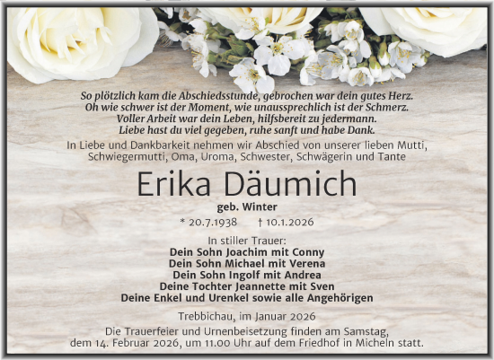 Traueranzeige von Erika Däumich von Trauerkombi Köthen
