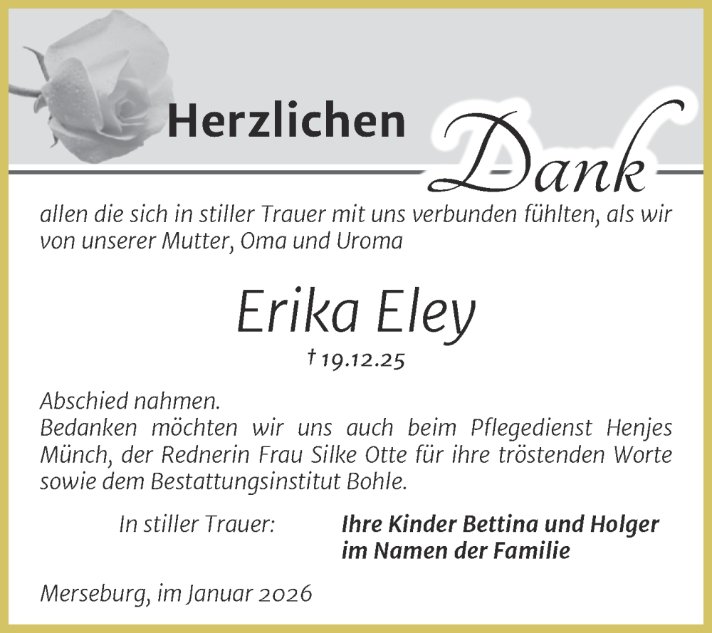 Traueranzeige für Erika Eley vom 31.01.2026 aus Trauerkombi Merseburg