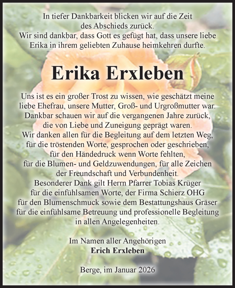  Traueranzeige für Erika Erxleben vom 24.01.2026 aus Volksstimme Altmark West