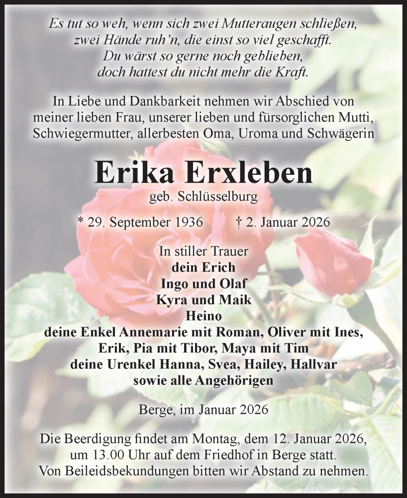  Traueranzeige für Erika Erxleben vom 07.01.2026 aus Volksstimme Altmark West