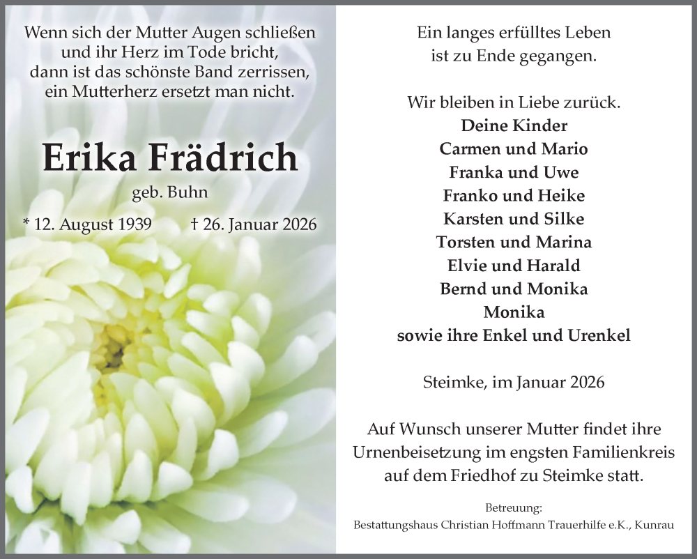  Traueranzeige für Erika Frädrich vom 31.01.2026 aus Volksstimme Altmark West