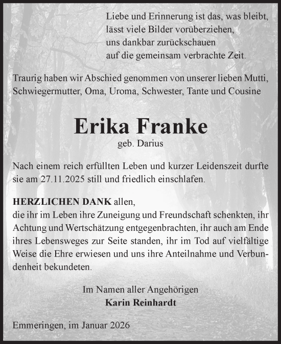 Traueranzeige von Erika Franke von Volksstimme Oschersleben/Wanzleben
