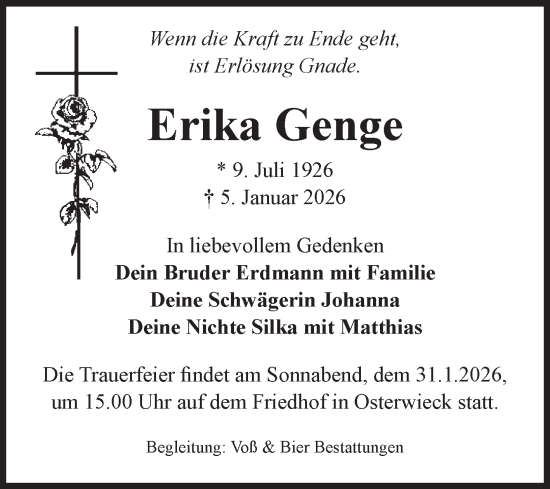 Traueranzeige von Erika Genge von Volksstimme Halberstadt