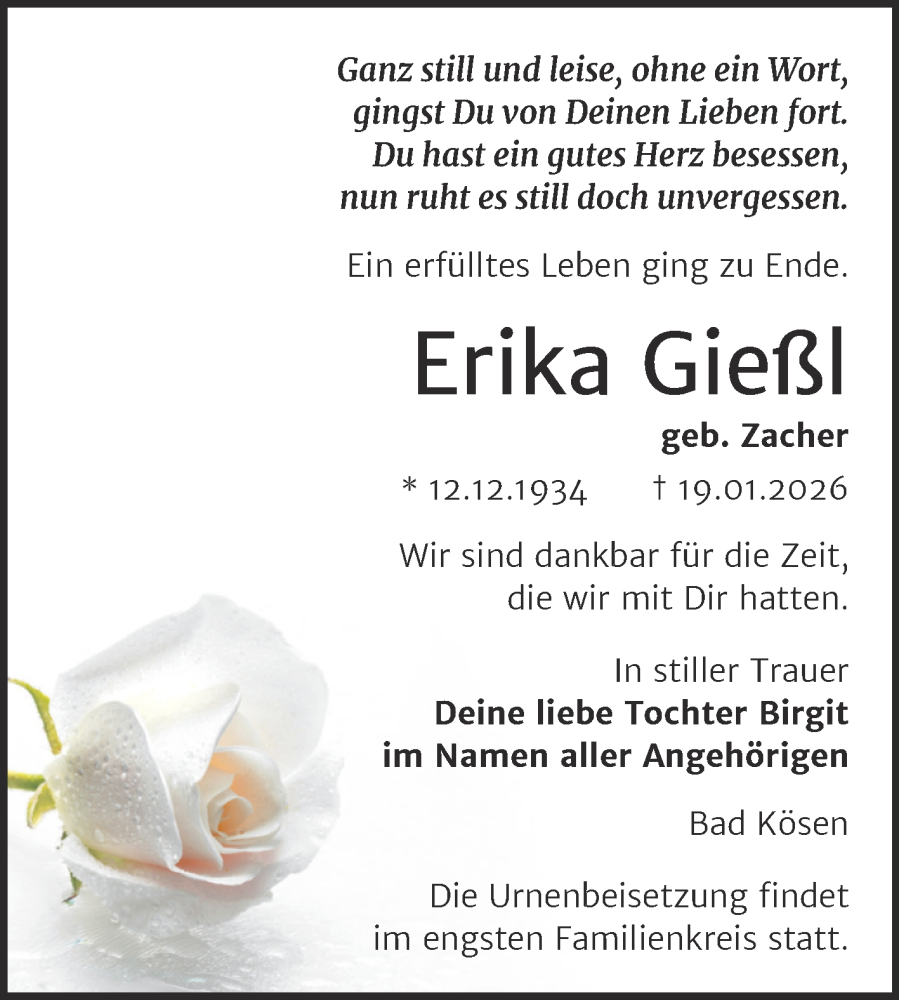  Traueranzeige für Erika Gießl vom 31.01.2026 aus Naumburger Tageblatt