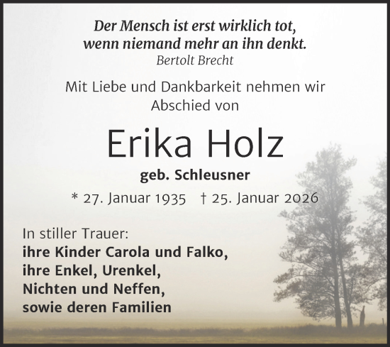 Traueranzeige von Erika Holz von Mitteldeutsche Zeitung Halle/Saalkreis