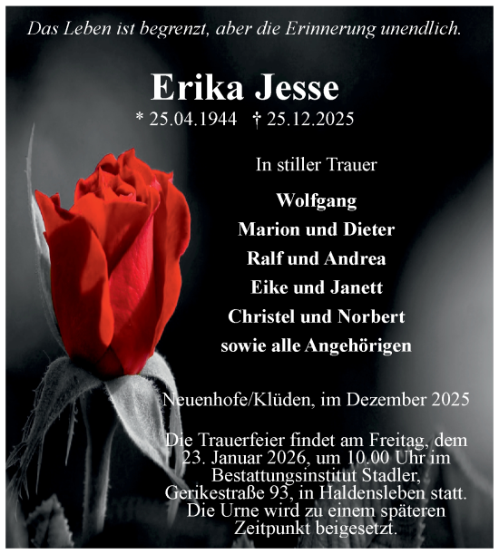 Traueranzeige von Erika Jesse von Volksstimme Haldensleben/Wolmirstedt
