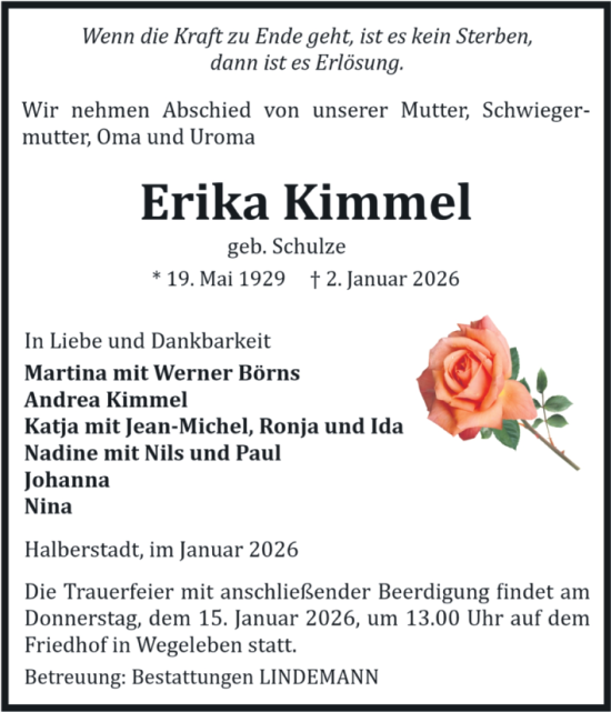 Traueranzeige von Erika Kimmel von Volksstimme Halberstadt