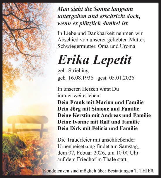 Traueranzeige von Erika Lepetit von Trauerkombi Quedlinburg