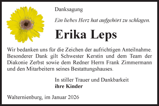 Traueranzeige von Erika Leps von Volksstimme Zerbst