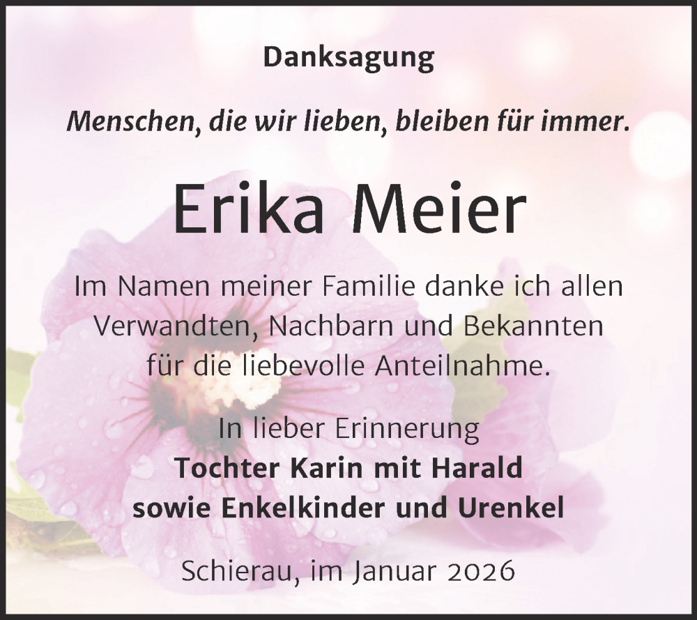  Traueranzeige für Erika Meier vom 24.01.2026 aus Trauerkombi Bitterfeld