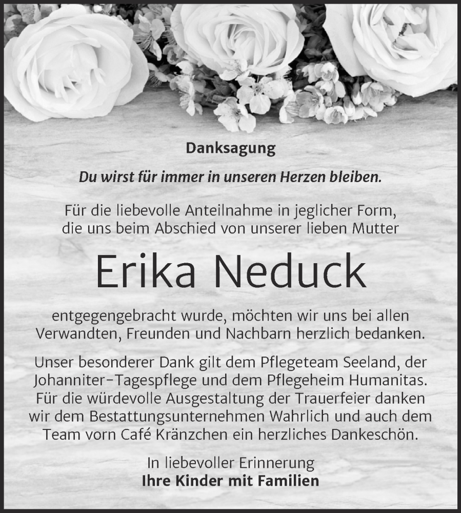  Traueranzeige für Erika Neduck vom 17.01.2026 aus Trauerkombi Mansfelder Land