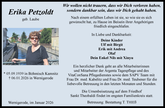 Traueranzeige von Erika Petzoldt von Volksstimme Wernigerode