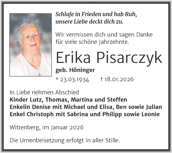 Traueranzeige von Erika Pisarczyk von Trauerkombi Wittenberg